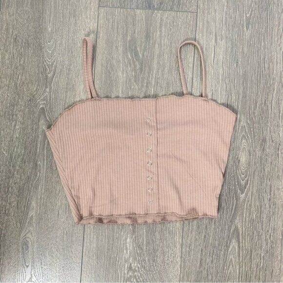 Primark Crop Tank Top Button Front Taupe Lettuce trim Ribbed Size Small - Picture 6 of 9